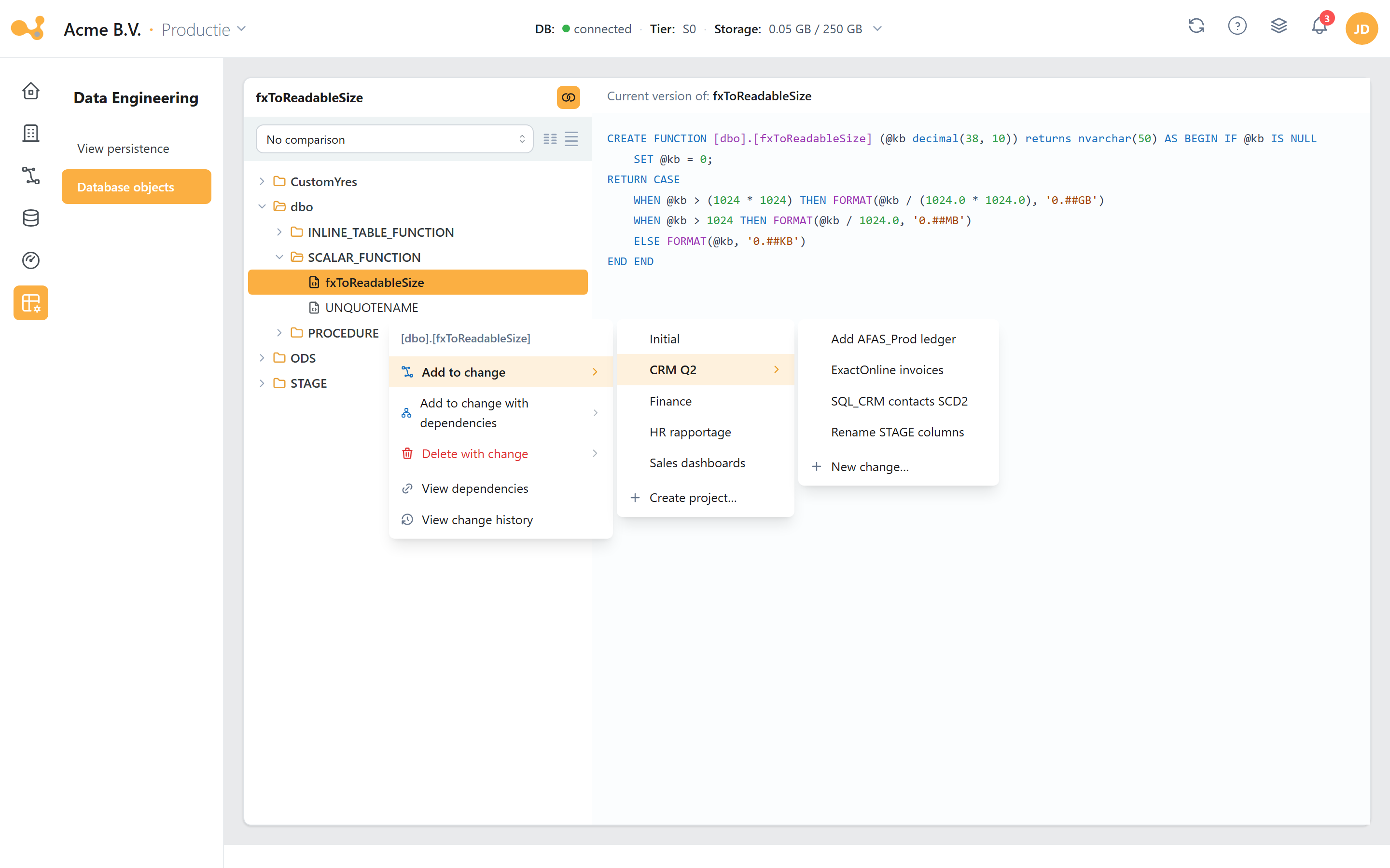 Object history screen with a comparison selector at the top and the database schema tree on the left (CustomIris, CustomYres, dbo, Dim, ODS, STAGE); the right-hand panel shows the object definition once you select an object.