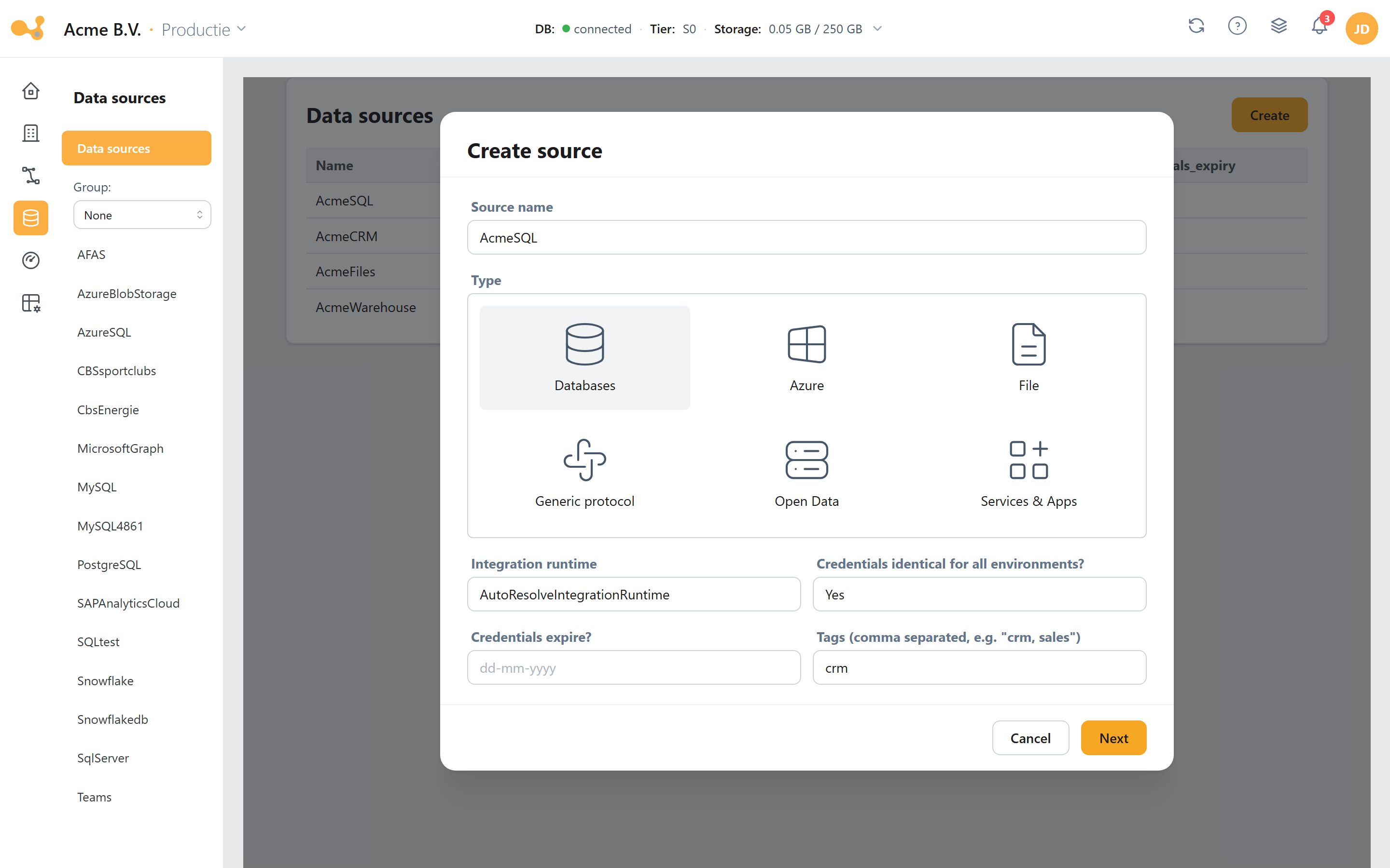 Wizard 'Create source', step 1: the shared source-definition fields