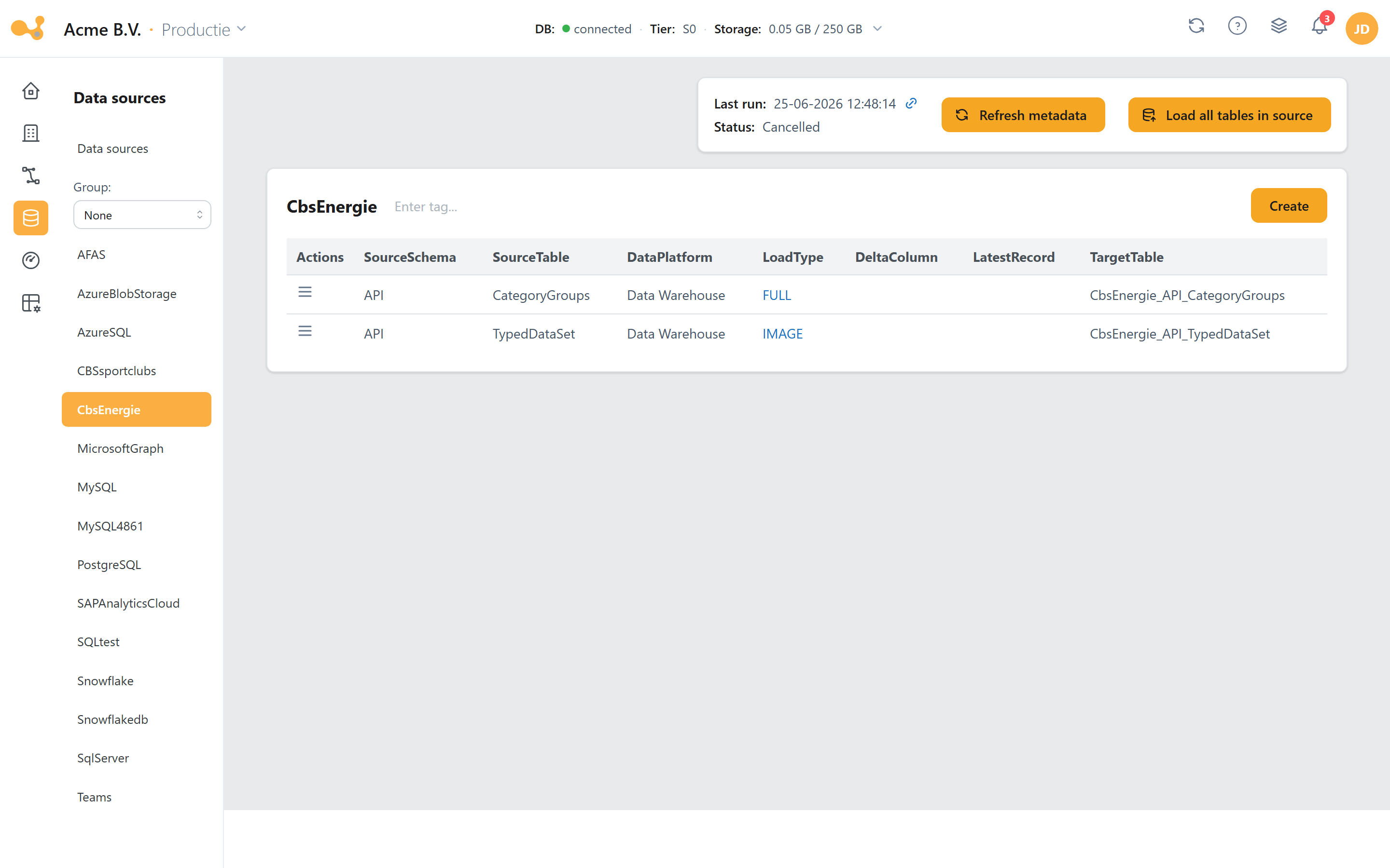 The Used tables page in Yres with a metadata pipeline card and a table with used source tables, load types and target tables