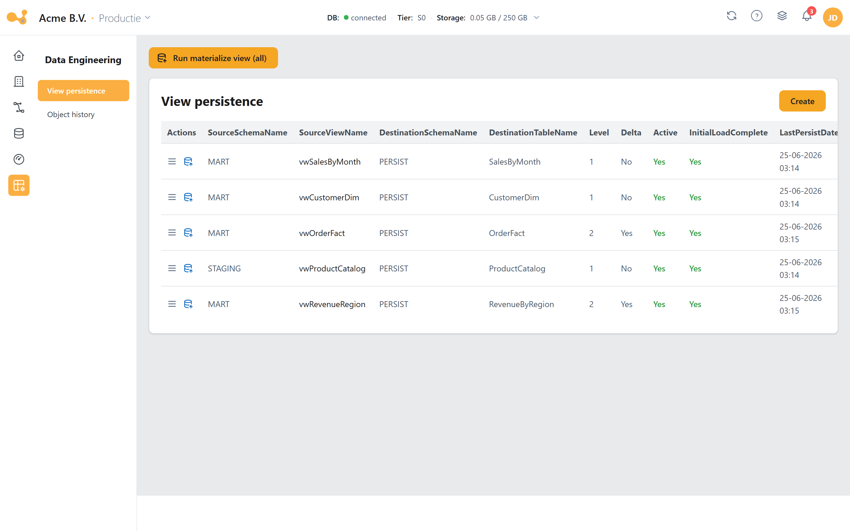 View persistence-scherm met links de iconenbalk en sub-links, in het hoofdvenster de persistentietabel (bron-view naar doeltabel, Level, Delta, datums, Active) en daaronder het Create persisted view-formulier.