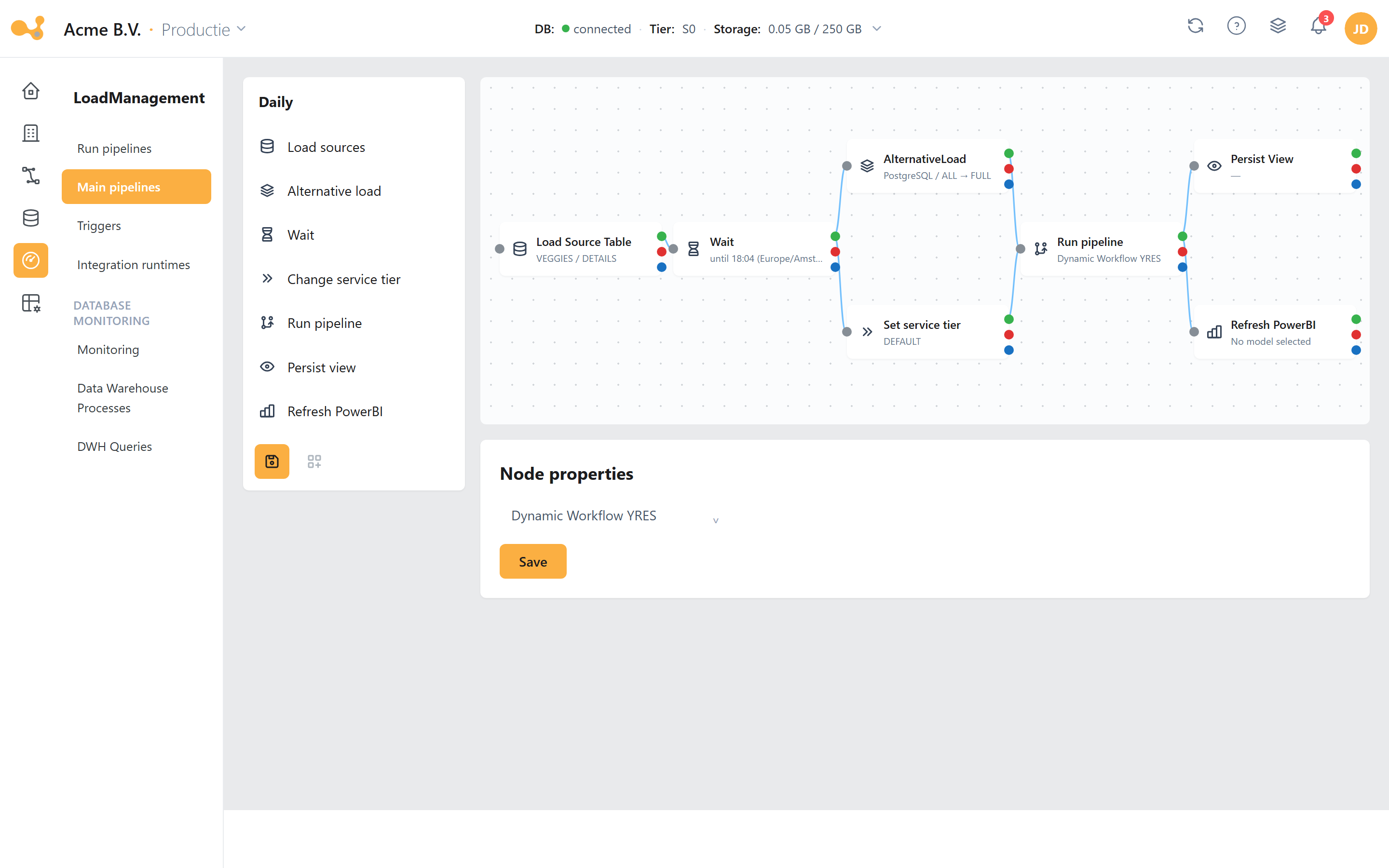 Design master pipeline-scherm: links het node-palet, in het midden het reactflow-canvas met verbonden nodes en hun success/failure/completion-uitgangen, plus Save- en Publish-knoppen.